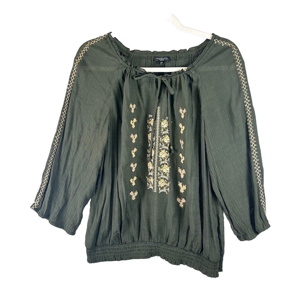 Hanna Semi Sheer Women's Floral Embroidered Top Sequin Boho Peasant Prairie XL P